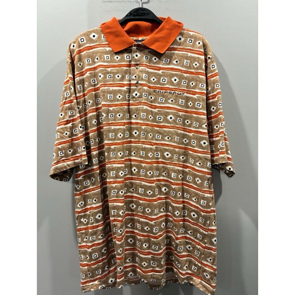 Vintage 90s Chipshot Golf Polo Shirt Geometric Stripe Orange Tan Cotton Mens L